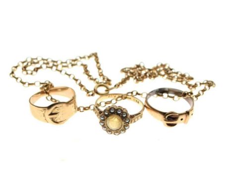 Small quantity of 9ct gold jewellery comprising belcher-link chain, two buckle rings, and a dress ring set citrine and seed p