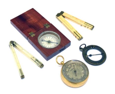 Pocket barometer, together with an ivory ruler, wooden case compass etc