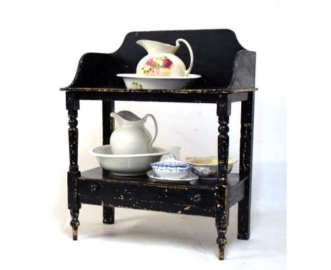 Black painted washstand with jug and basin, 82cm x 45.5cm x 100cm high 