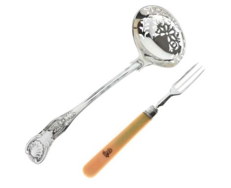 William IV 'Kings' pattern silver sifter spoon, London 1836, together with a Victorian bone-handled fork, Sheffield 1848 (2)