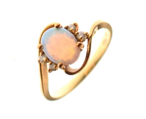 Yellow metal, opal and diamond ring, stamped '18KT' and '750', size L, 3g gross approx