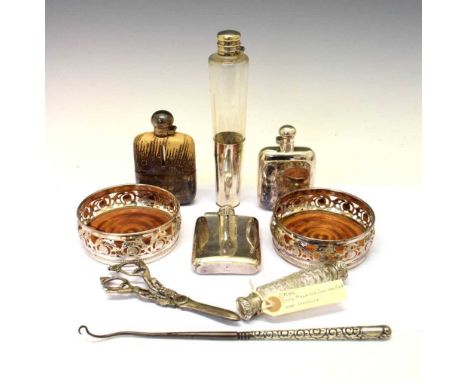 Quantity of silver-plated items to include hunting flask, pair of wine coasters, hip flasks, scent bottle etc