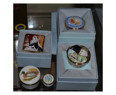 Four Royal Mint / Halcyon Days enamel boxes and another