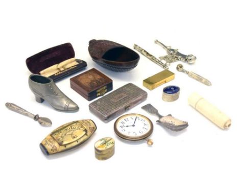Mixed lot of objects of virtue, etc to include; bone snuff box, Policeman's whistle, reproduction wooden cased compass, '8 Da