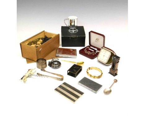 Quantity of interesting miscellanea to include; cigarette cases, napkin rings, chess pieces, Dunhill lighter, Damien Hirst cu