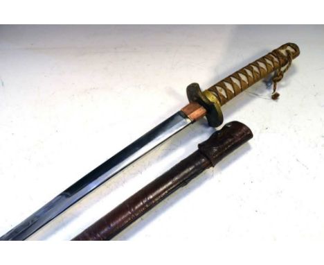 Japanese Katana, 62cm polished blade, leather military scabbard, decorated brass tsuba, rebound handle