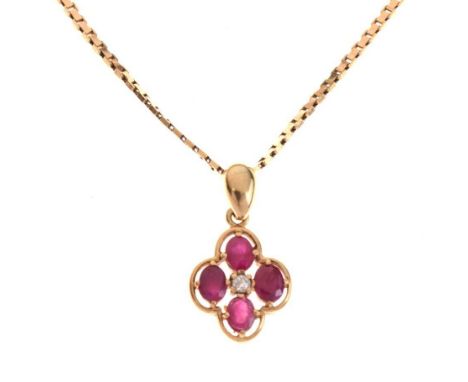 9ct gold, ruby and diamond quatrefoil pendant on a 9ct chain, 41cm long approx, 4g gross approx