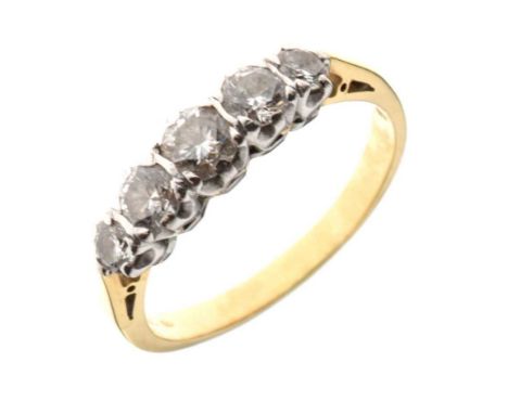 18ct gold five-stone diamond ring, the graduated brilliant cuts totalling approximately 0.85 carats, size T½, 4.9g gross appr