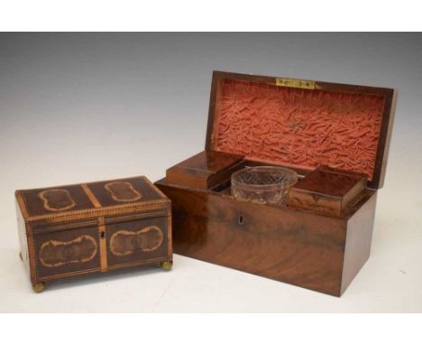 George III mahogany rectangular two-division tea caddy having central cut glass sugar bowl, and another with book-matched ven