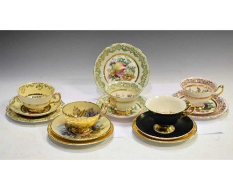 Three porcelain trios, two further cups and matching saucers, including examples by Shelley, Aynsley and Ashley, (13)