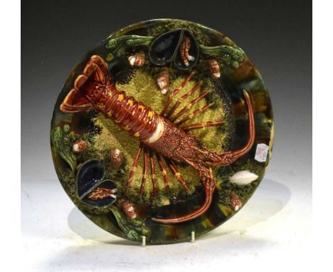 Portuguese majolica Palissy style dish, decorated in relief with a lobster and crustaceans, stamped 'Alvaro Jose Caldas da Ra