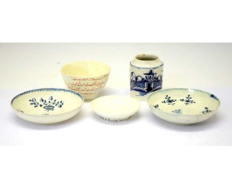 Collection of 18th Century creamware and pearlware, comprising tea canister, two saucers, a Dutch bowl with painted script to