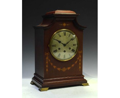 German chiming inlaid bracket clock, Gustav Becker, having a silvered Roman dial, with key and pendulum, 40cm high