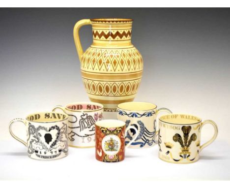 Four Richard Guyatt Wedgwood mugs, Royal Worcester mug, and Keelings Losol ware jug, 26cm high and smaller (6)