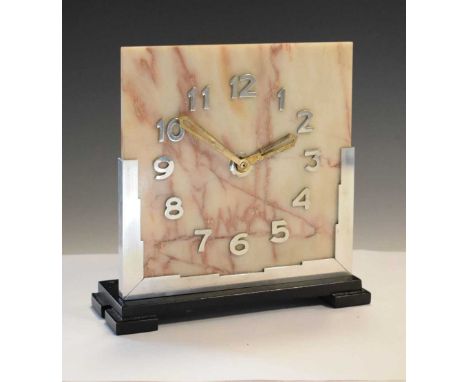 Art Deco alabaster mantel clock, the square dial with chromium-plated mounts, 19.5cm high