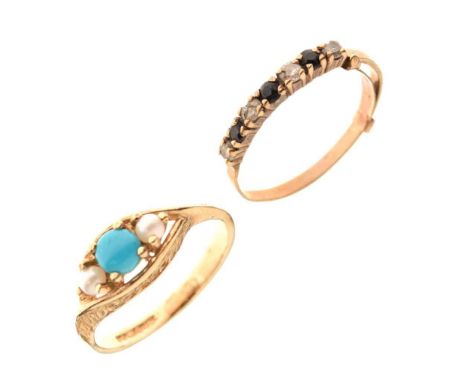 9ct gold turquoise and cultured pearl ring, size O, with a half hoop ring stamped '9ct', size P, 3.6g gross approx