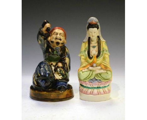 Japanese pottery figure of Daikoku. with mallet, plus ceramic figure of Kwanyin, 21cm high and smaller
