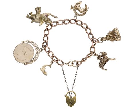 A 9ct gold charm bracelet, the curb-link chain suspending six charms, including an elephant and a hardstone seal fob, UK hall