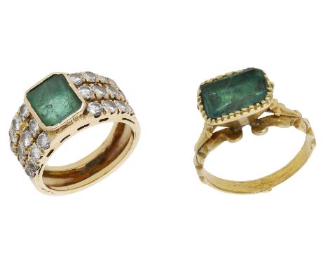 Two gem-set rings, the tapered band ring set to the front with graduated rows of brilliant-cut diamonds and centred with a st