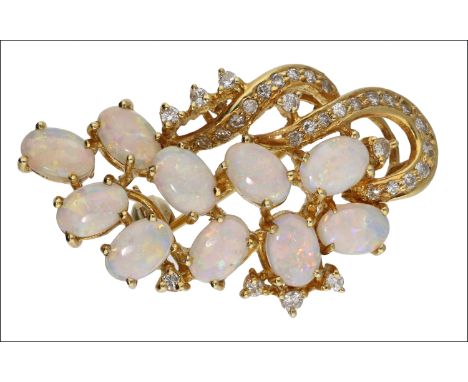 An opal and diamond brooch, the spray of cabochon opals, accented with brilliant-cut diamonds, stamped ‘585’, length 34mm.  £