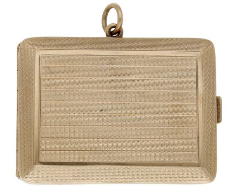 A 9ct gold match book / vesta case, engine-turned throughout with sloped border, with suspensory loop, initialled to the inte