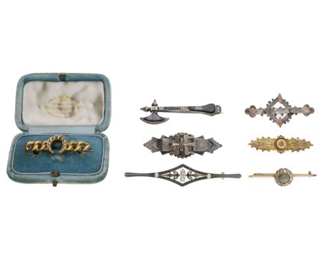 A collection of antique bar brooches, comprising a chrysoberyl cat’s eye and diamond brooch, a diamond and pearl lozenge-shap