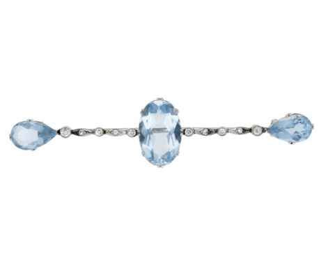 An early 20th century aquamarine and diamond bar brooch, the three vari-cut aquamarines spaced by old brilliant and rose-cut 