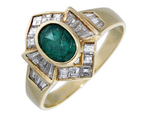 An emerald and diamond ring, the oval-cut emerald within a geometric surround of square and tapered baguette-cut diamonds, to