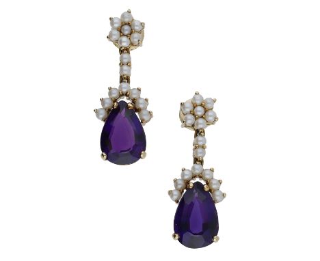 A pair of amethyst and seed pearl ear pendants, the seed pearl flowerhead surmounts each suspending a pear-shaped amethyst dr