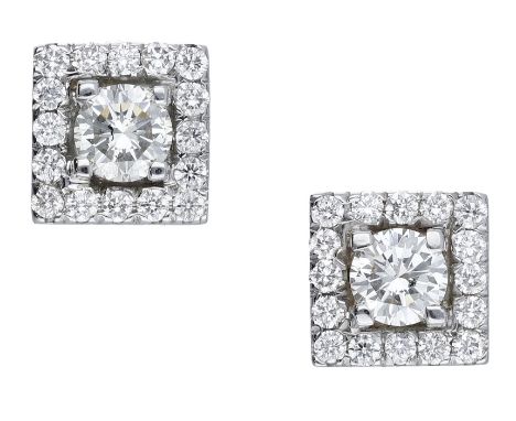 A pair of diamond cluster ear studs, the square-shaped clusters set throughout with brilliant-cut diamonds, total diamond wei
