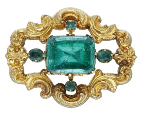 A mid 19th century emerald brooch, set with a cut-cornered mixed-cut emerald, weighing 8.44 carats, in a foiled closed-back s