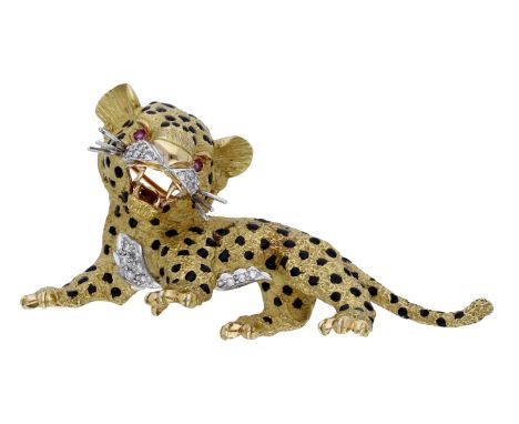 An enamel and diamond panther brooch, the realistically modelled panther cub with black enamel spots and brilliant-cut diamon