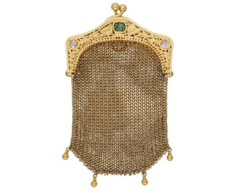 An antique mesh and gem-set coin purse, French, the pierced foliate gold frame  inset with a step-cut emerald and two old cus