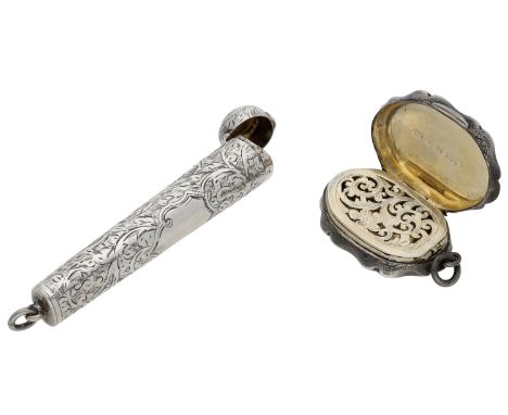 A Victoria silver vinaigrette by George Unite, foliate engraved, enclosing pierced gilt grill, with ring attachment, Birmingh