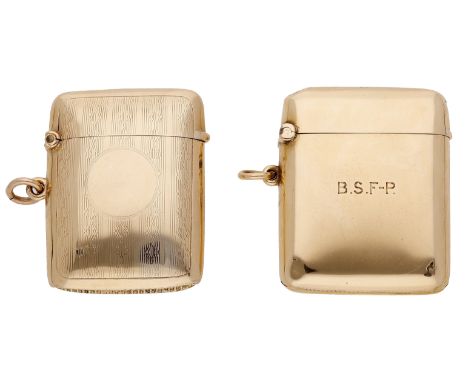 Two 9ct gold vesta cases, the first with engine-turned decoration, the front with vacant circular reserve, with ring suspensi