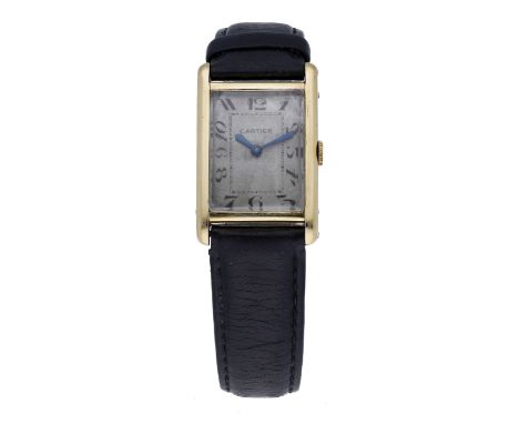 Cartier. A gold rectangular wristwatch, Tank, London hallmark for 1941. Movement: manual winding, no. 110199. Dial: silvered,