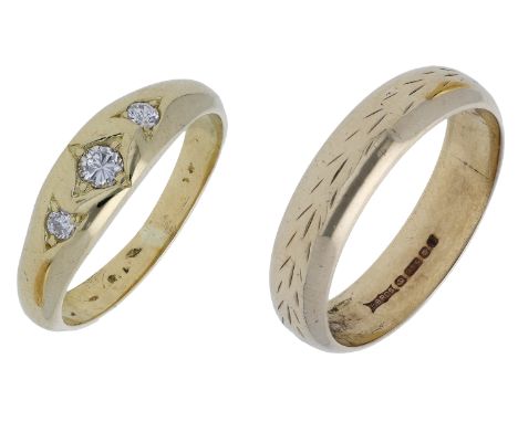 An 18ct gold diamond three stone ring and a 9ct gold band ring, the first set with brilliant-cut diamonds, the second of D-sh