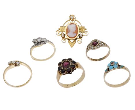 A small collection of antique and later jewellery, to include three 19th century gold and gem-set cluster rings, two early 20