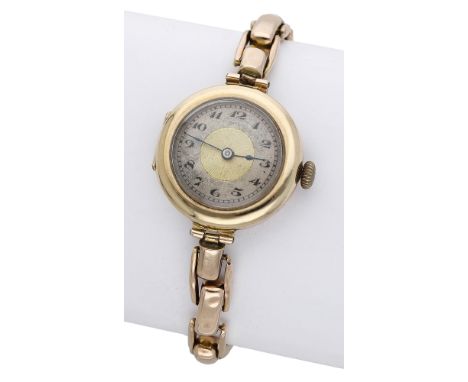Swiss. A gold wristwatch, circa 1919. Movement: manual winding.  Dial: gilt engine-turned centre, silvered chapter ring, Arab