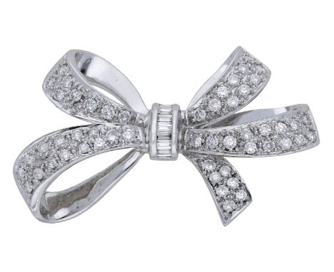 A diamond bow brooch, set throughout with brilliant and baguette-cut diamonds,stamped ‘14K’, total diamond weight approximate