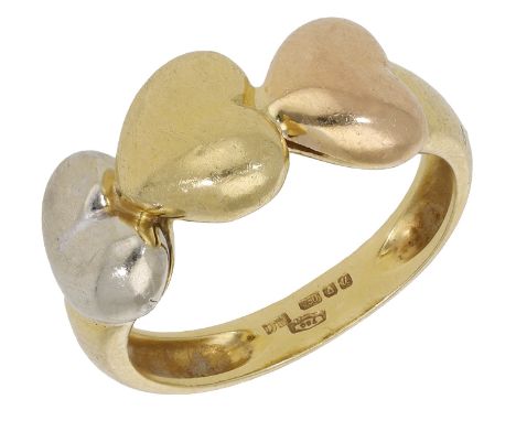 An 18ct gold triple heart ring by David Morris, the polished hearts of tricolour design, maker’s mark ‘DM’, stamped ‘750’, Bi