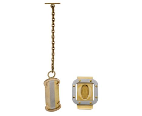 An 18ct gold fob by Kurt Weiss for Cartier, the tricolour panel on ring suspension with chain and T-bar, hallmarked for Londo