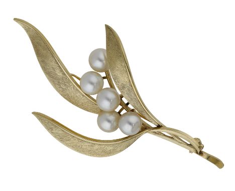 A cultured pearl brooch by Mikimoto, the stylised spray set with cultured pearls, the leaves with textured finish, maker’s ma