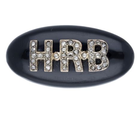 A 19th century memorial brooch for Henry Roxby Benson, the oval onyx panel applied with initials ‘H R B’, inset with rose-cut
