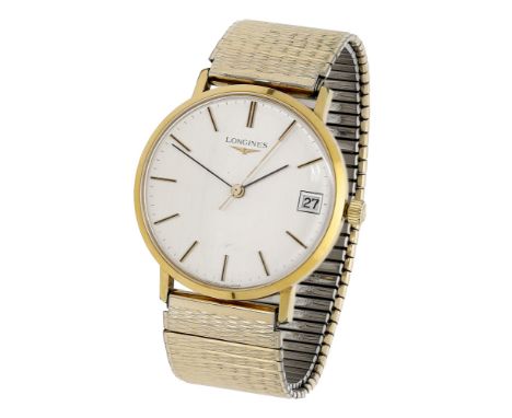 Longines. A gold plated wristwatch with date, Ref. 1096, circa 1975. Movement: cal. 6952, manual winding, 17 jewels, no. 5360