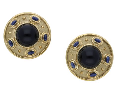 A pair of 18ct gold garnet and sapphire earrings, each garnet cabochon within a textured surround set with sapphire cabochons