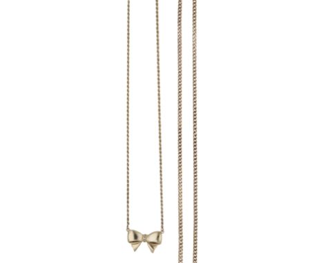 A 9ct gold bow necklace and 9ct gold curb-link chain, the first ropetwist chain leading to a polished bow frontispiece, toget