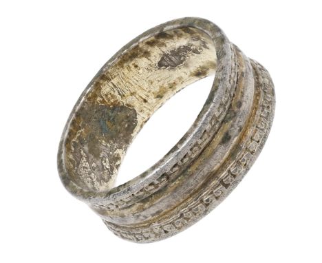 A post Medieval silver gilt band ring, 15th century, the broad band with plain convex centre between raised borders with squa