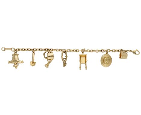 An 18ct gold charm bracelet by Cartier, suspending seven horticultural themed charms, including a wheelbarrow, trowel, wateri