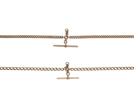A pair of early 20th century gold Albert chains, each curb-link chain spaced by a T-bar fitting and with swivel clasp termina